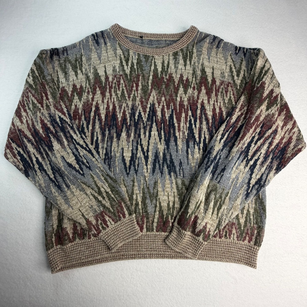 VTG 90s Abstract Geometric Knit Crewneck Sweater Mens L/XL Multi Color Zigzag